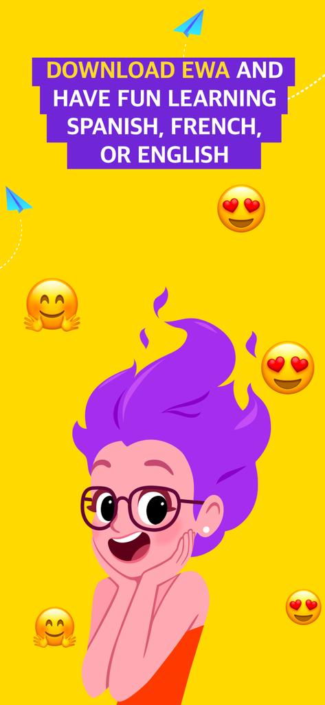 A cheerful cartoon character with purple hair and glasses excited to learn Spanish French or English with EWA