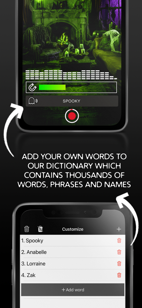 GhostTube - Interface of GhostTube app showing the custom dictionary feature for paranormal investigations.
