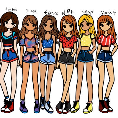 a group of girls wearing crop tops and shorts