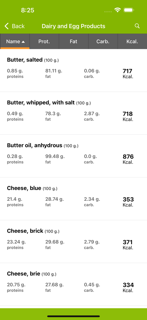 Nutritional table for dairy and egg products showing calories and macronutrients per 100 grams