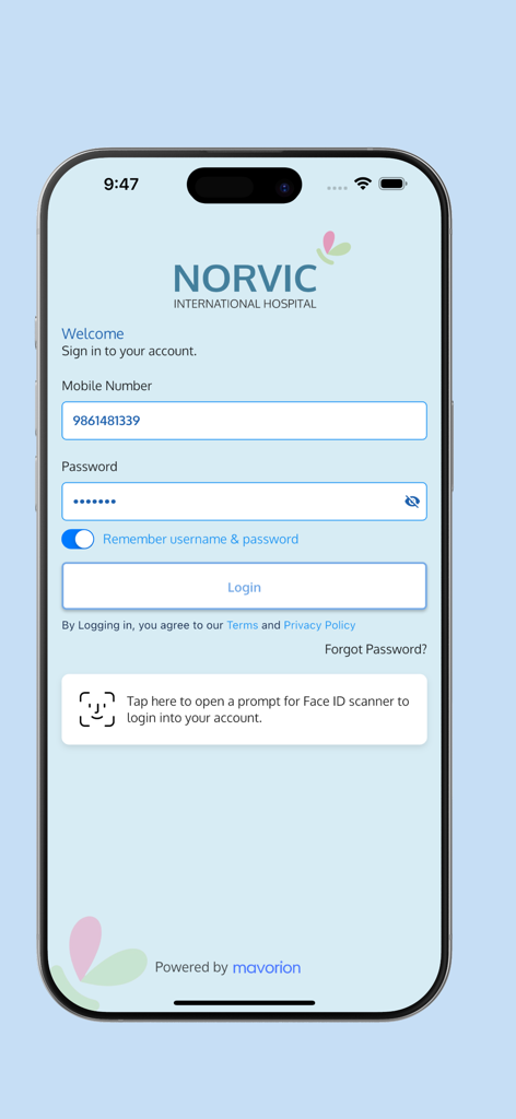 Norvic Care - Login screen of the Norvic Care app for Norvic International Hospital patients featuring mobile number and password fields and Face ID login option