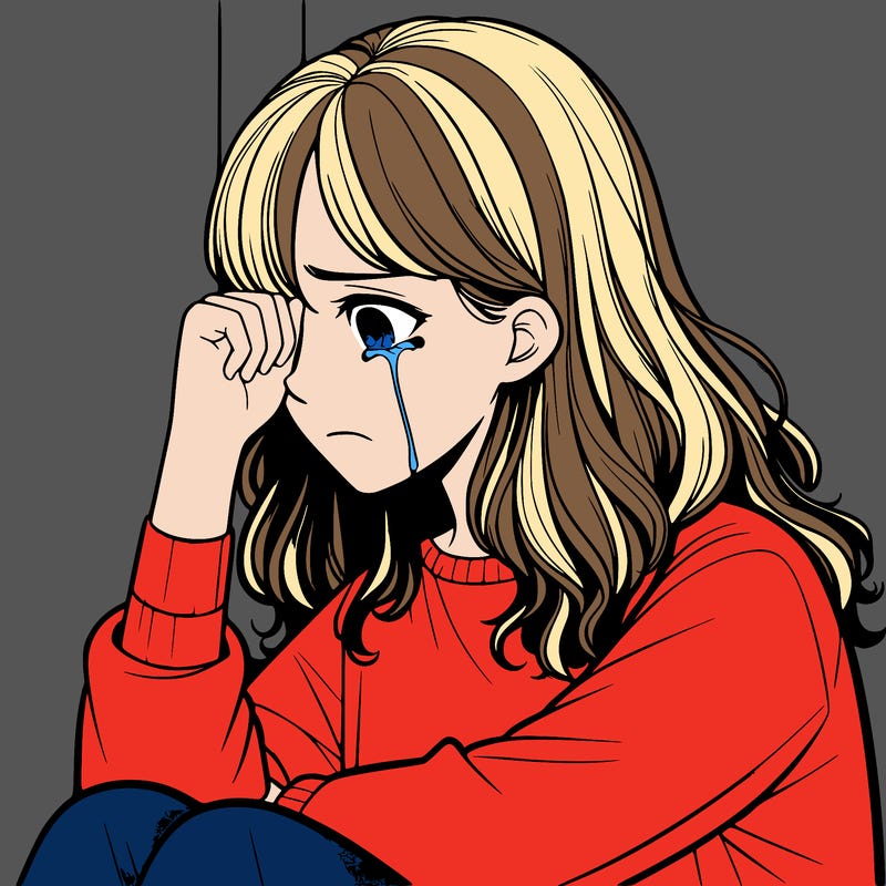 realistic girl crying in a corner