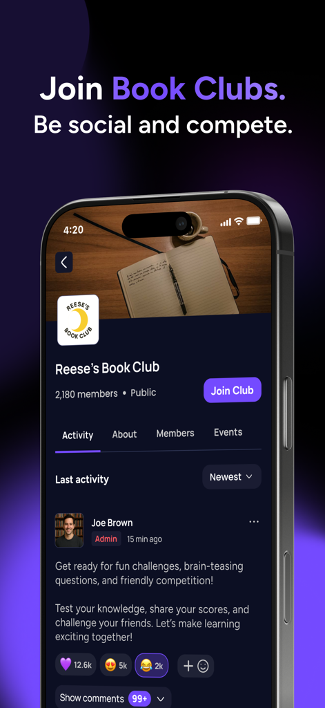 Bookgenius: Read Books Faster - Mobile app interface for BookGenius showing a social book club community page