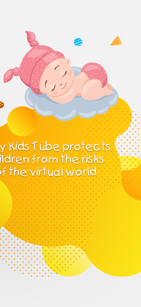 漫画の赤ちゃんが雲の上で眠っている。Baby Kids Tubeが子供たちを仮想世界のリスクから保護するというテキストを表示。