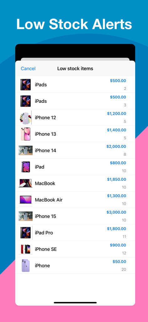 Inventory Easy - Stock Tracker - Inventory Easy app interface showing a list of low stock items with names and images
