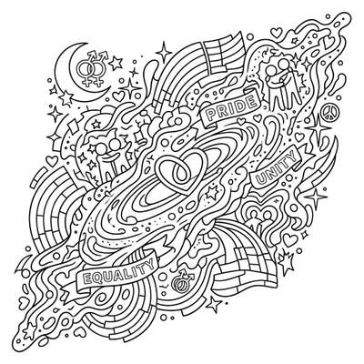 Dive into a universe of creativity with this Irregular Galaxies Pride coloring page, blending cosmic wonders with heartfelt symbols of unity. Celebrate love, diversity, and equality as you bring vibrant hues to this unique design.