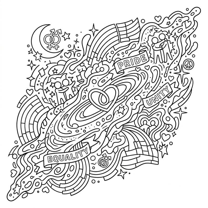 Dive into a universe of creativity with this Irregular Galaxies Pride coloring page, blending cosmic wonders with heartfelt symbols of unity. Celebrate love, diversity, and equality as you bring vibrant hues to this unique design.