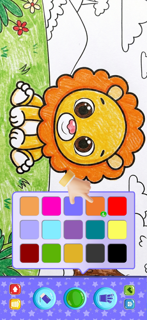 Drawing for Kids Coloring Book - Un león de dibujos animados siendo coloreado en la aplicación educativa Colorino con una paleta de colores y herramientas aptas para niños