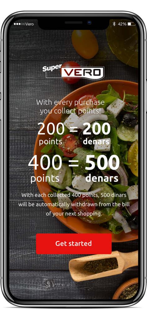 Super Vero - Super Vero mobile app screen explaining the loyalty program points to denars conversion and rewards