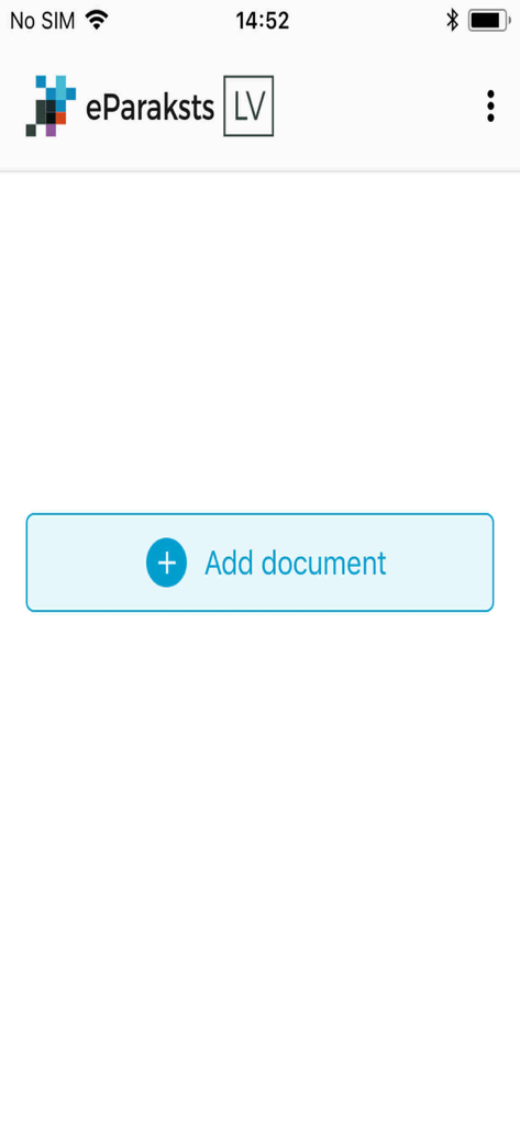 eParakstsLV mobile app interface showing the main screen with a button to add a document for electronic signature