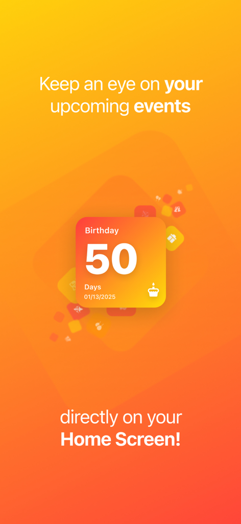 Countdown Timer & Widgets - A minimalist birthday countdown widget on an orange gradient background for the iPhone home screen.