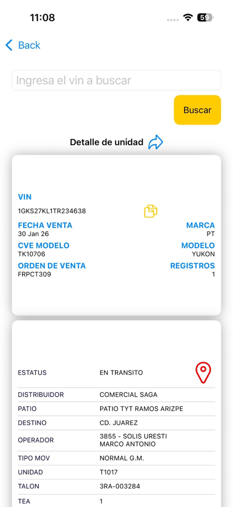 Grupo TyT - Grupo TyT app interface showing vehicle tracking details including VIN number and transit status.