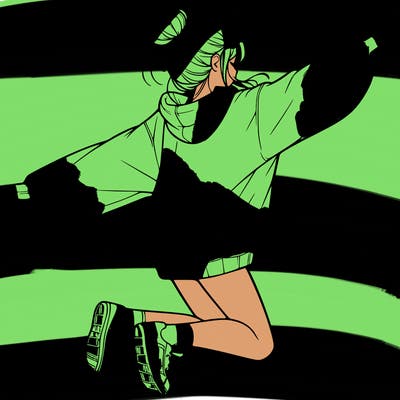 realistic girl jumping with a bun and oversized sweatshirt