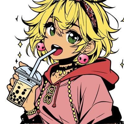 hot baddie anime girl drinking boba and biting the straw