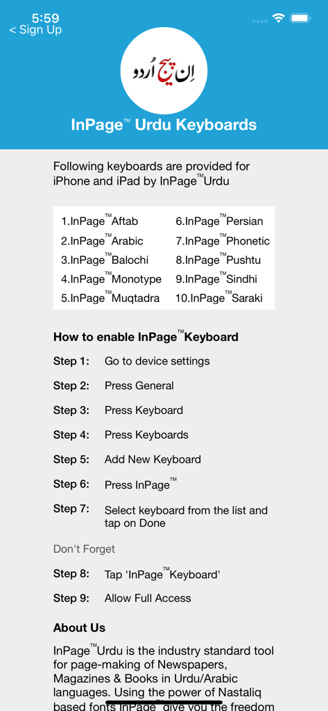 InPage Keyboard - Setup guide for InPage Urdu Keyboard showing available regional keyboard layouts and installation steps for iOS devices