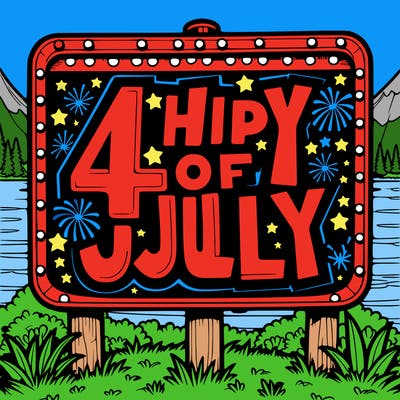 a big sign in front of a lake that says 4th of july in big bold letters