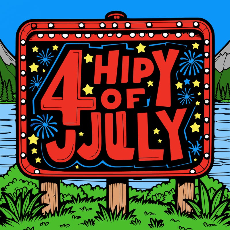a big sign in front of a lake that says 4th of july in big bold letters
