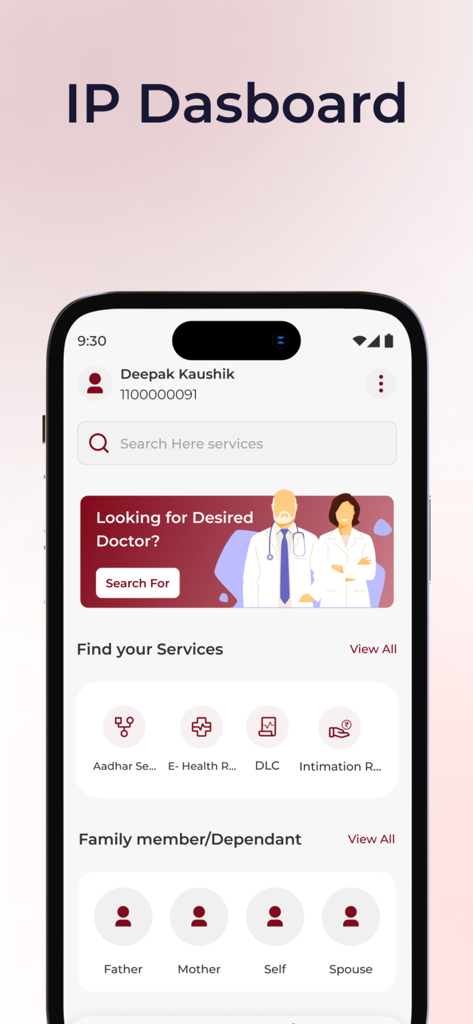ESIC Health Connect - Panel IP de la aplicación ESIC Health Connect que presenta servicios médicos y perfiles de miembros de la familia.