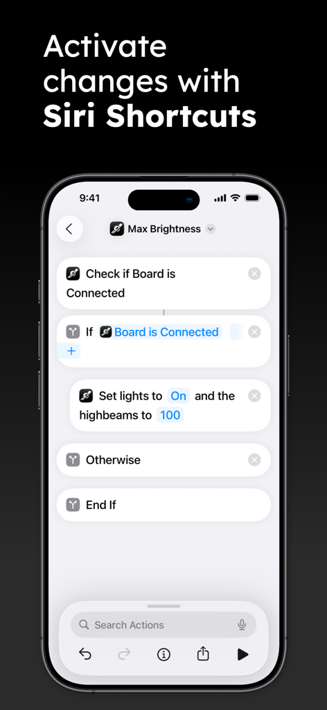 Nosedive - Pantalla de iPhone que muestra la integración de la aplicación Nosedive con Accesos directos de Siri para automatizar las luces de la patineta eléctrica