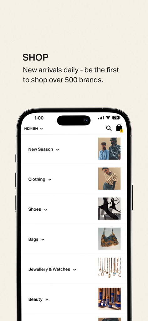 THAT Concept Store - Shopping - Schermata mobile dell'app THAT Concept Store che mostra varie categorie di shopping di lusso per donna