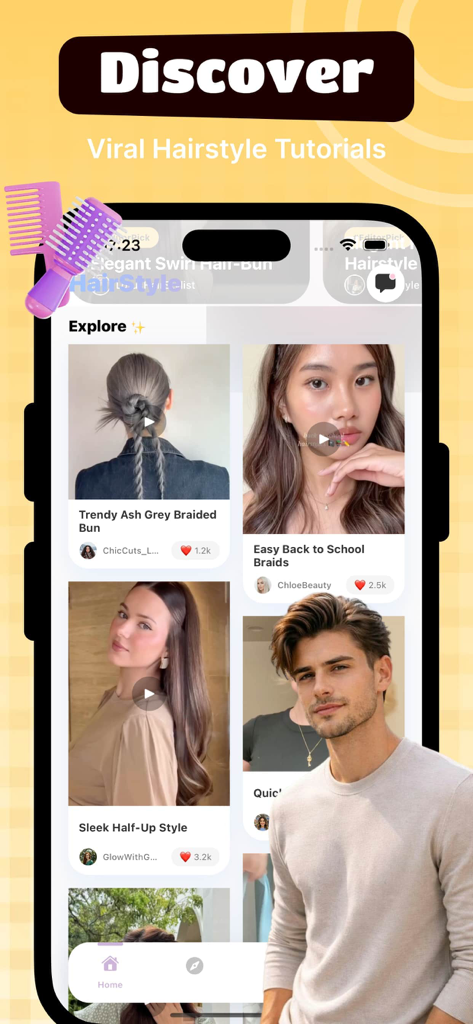Peko - Video - Interfaz de la aplicación Peko que muestra tutoriales de peinados virales y looks de moda para descubrir