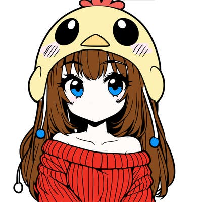 anime girl with chick shaped hat with sweater with bare shoulders with bangs covering them one eye with low tail