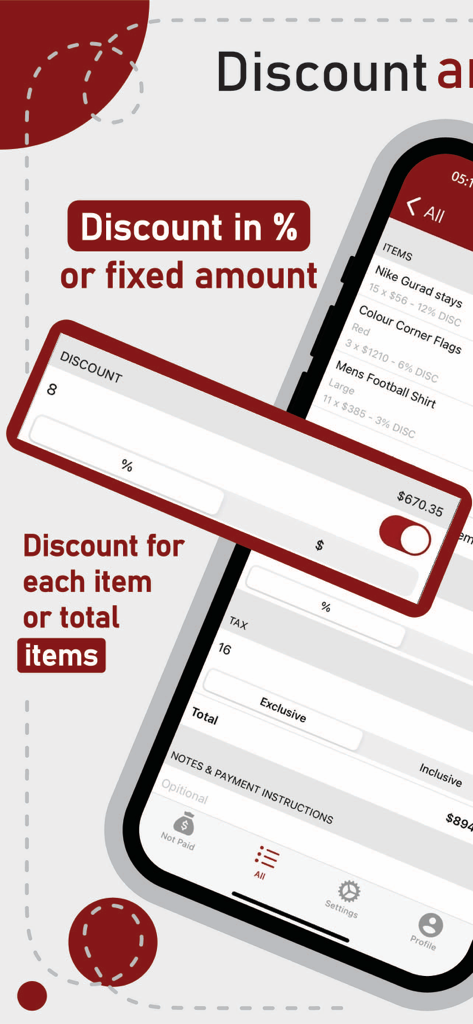 Invoice Maker : Easy & Speedy - Invoice Maker app interface showing options to apply percentage or fixed amount discounts to business invoice items.