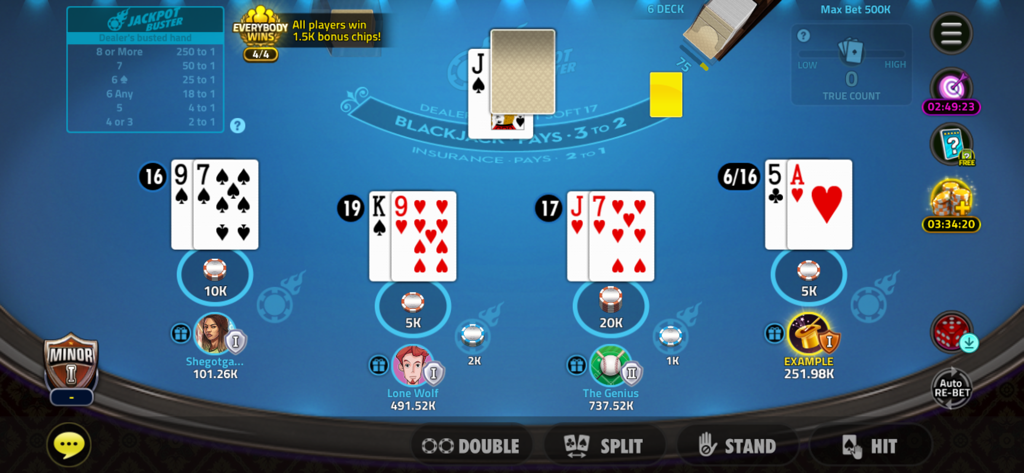 Online multiplayer blackjack table gameplay in House of Blackjack 21 showing player hands and betting controls