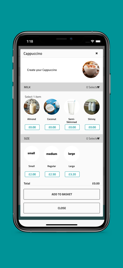 Upay - Payments & Loyalty - Mobile screen of the Upay app showing customization options for a cappuccino including milk type and size