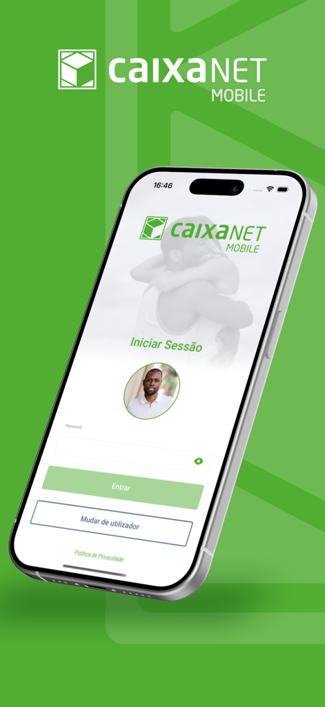 Ecrã de login da aplicação bancária Caixanet Mobile mostrando um perfil de utilizador e campo de senha num fundo verde