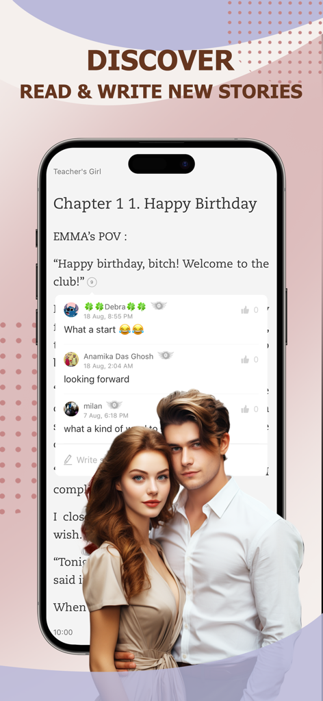 ReadNow: Novels & Stories - ReadNow app screen showing a romance story and interactive user comments.