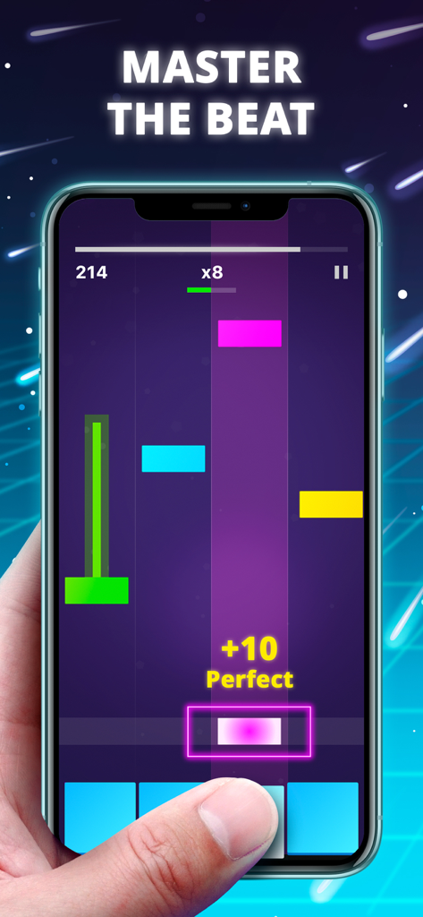 A person playing Beat Maker Star rhythm game on a smartphone with colorful falling music notes and neon graphics