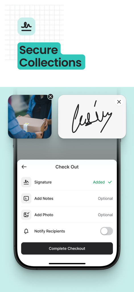 Parcel Trackerメールルームアプリのインターフェース。デジタル署名キャプチャによる安全なコレクションとチェックアウトプロセスを示しています。