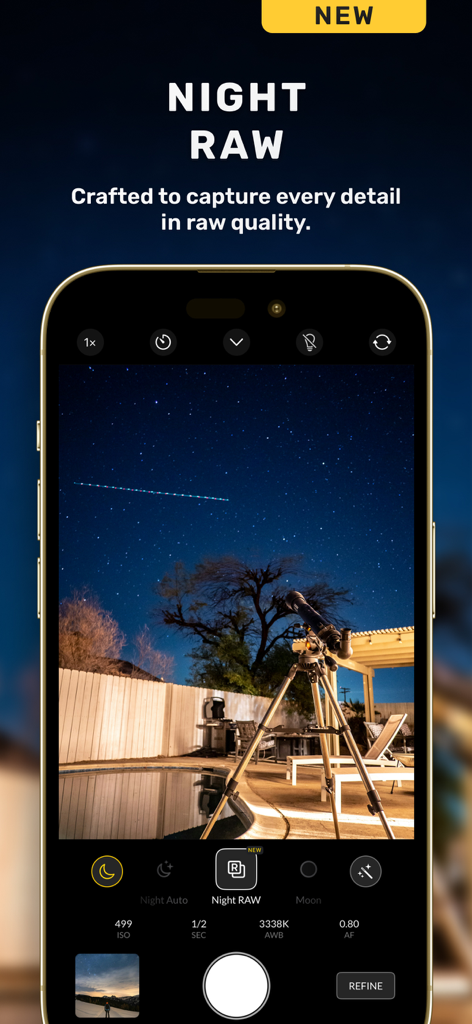 Nightcam Camera: Night Mode - Smartphone screen showing Nightcam app in Night RAW mode with manual camera controls and a starry sky