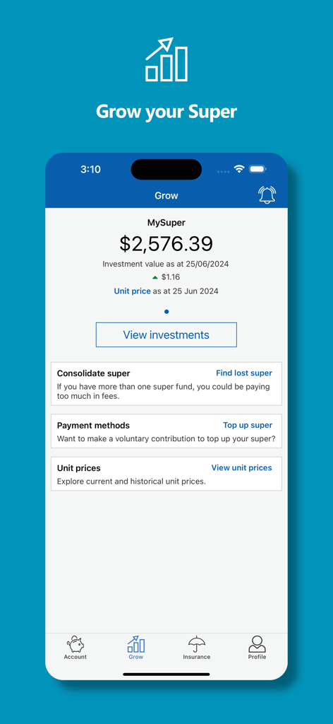 Interfaz de la app NESS Super mostrando la pestaña Grow con saldo de cuenta, seguimiento de inversiones y opciones de contribución