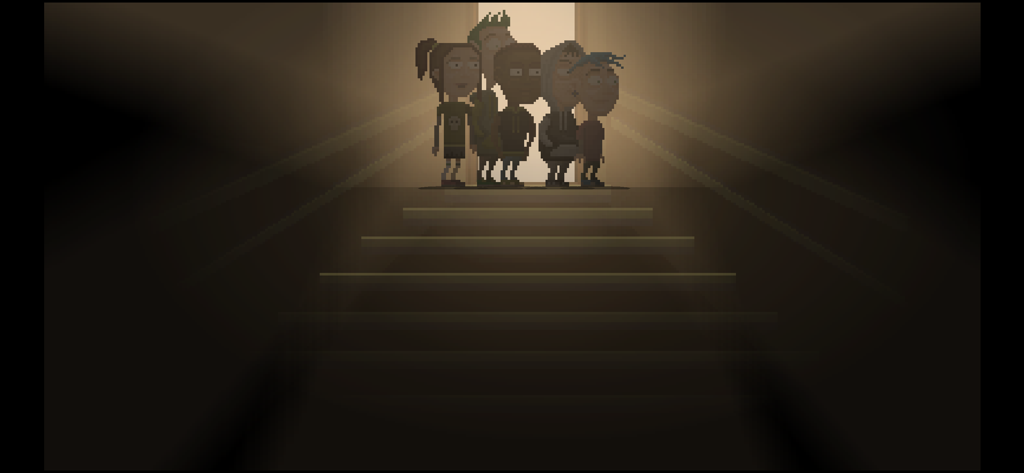 Moth Lake - Um grupo de cinco adolescentes em pixel art em pé no topo de uma escada escura em Moth Lake.