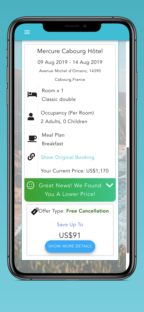 Pruvo app screenshot showing a hotel booking with a notification for a found lower price and potential savings of 91 dollars