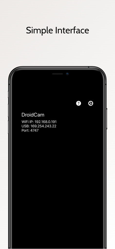 DroidCam Webcam & OBS Camera - DroidCamモバイルアプリのスクリーンショット。Wi-FiおよびUSB接続情報が表示されているシンプルなインターフェース