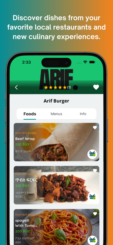 Esoora Food Delivery - Mobile app screen showing the menu of Arif Burger with dishes like Beef Wrap and spaghetti in the Esoora app