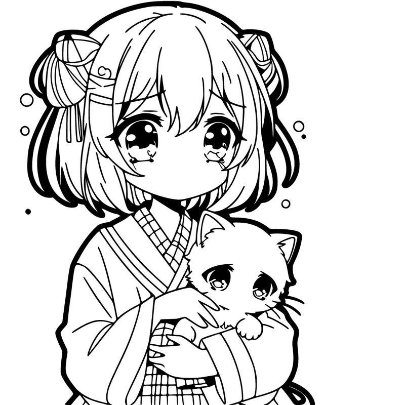 sad anime girl holding a little baby cat. thin lines  and detailed