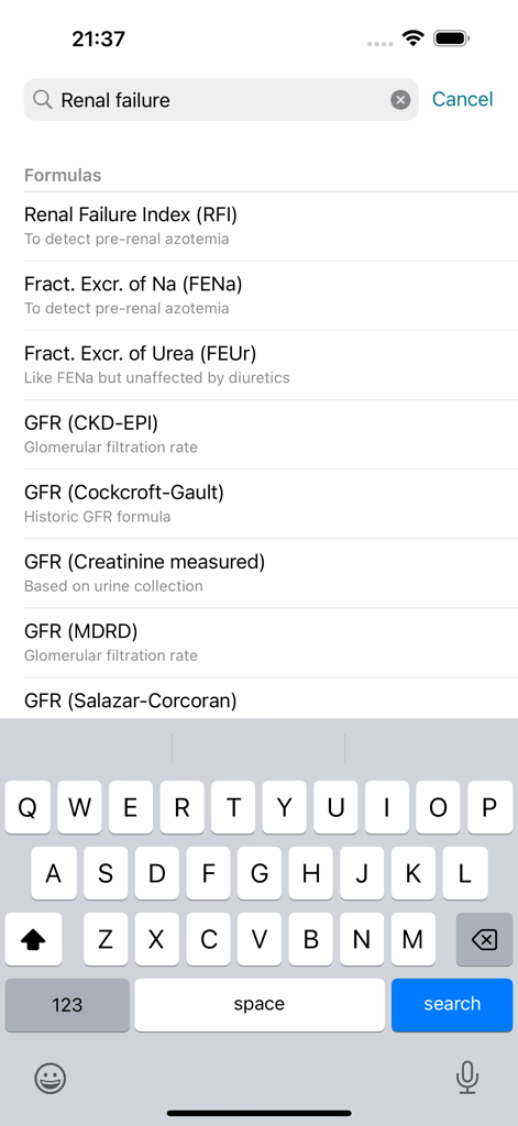 Search results for renal failure formulas in the MedCalX medical app showing GFR and FENa calculators
