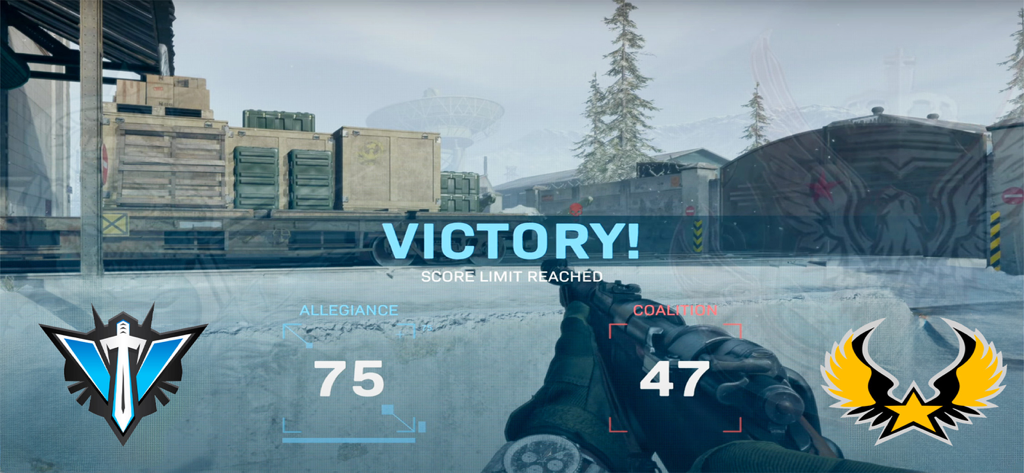 Fps Commando Shooting Gun Game - Victory screen in Fps Commando Shooting Gun Game showing scores for Allegiance and Coalition teams