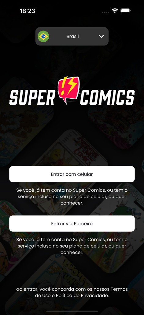 The login screen of the Super Comics app featuring the logo and sign in options with a comic book themed background