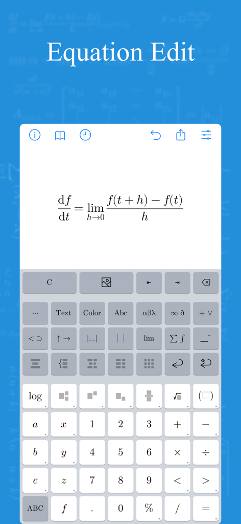 xFormula - Equation Editor - The xFormula app interface showing a calculus equation being edited with a specialized mathematical keyboard.