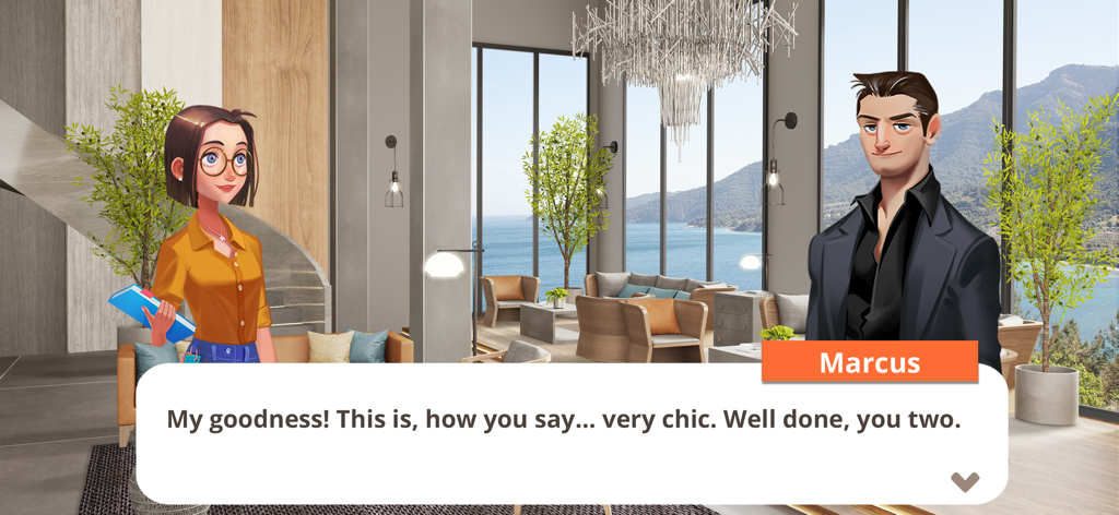 Two characters in a chic modern living room with coastal views praising an interior design makeover