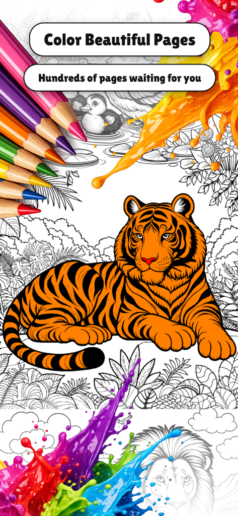 Coloring Book: Paint & Art - Pantalla de la aplicación de libro de colorear digital que muestra una ilustración de tigre coloreada vibrante con salpicaduras de pintura y lápices de colores