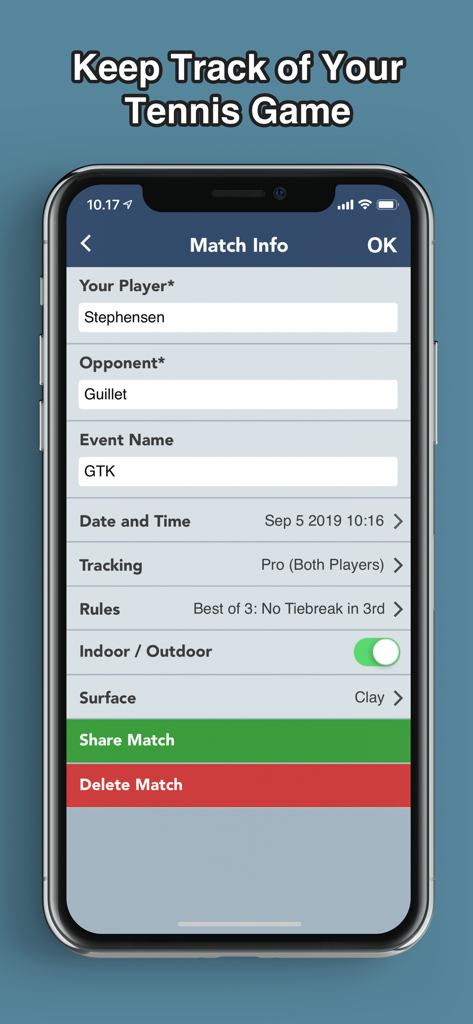 Tennis Match Tracker - Captura de pantalla de la pantalla de Información del Partido en la aplicación Rastreador de Partidos de Tenis mostrando campos para nombres de jugadores, detalles del evento y reglas del partido