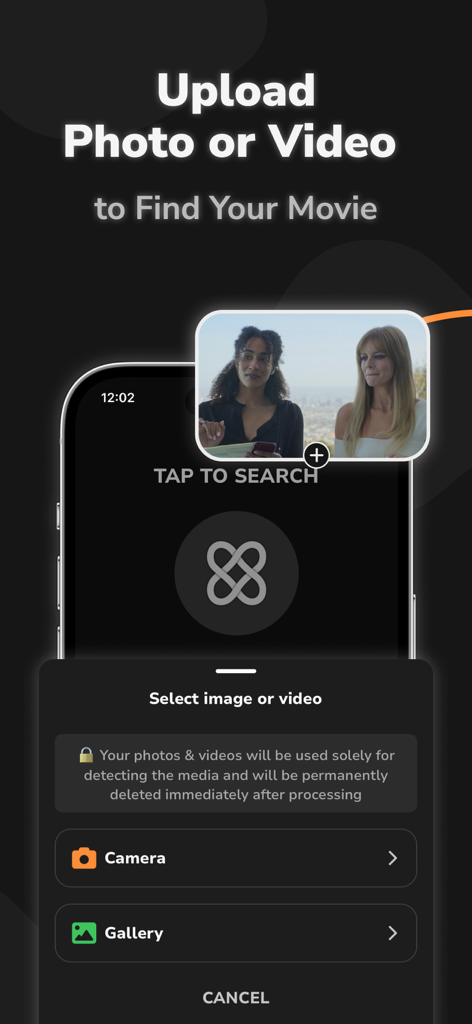 Movie Finder by Image or Video - Flicksアプリのインターフェース。カメラまたはギャラリーから写真や動画をアップロードして映画を特定するオプションが表示されています。