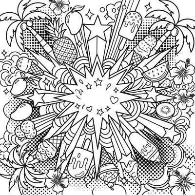Get ready for an energetic burst of color with this dynamic Pop Art explosion coloring page, bursting with vibrant summer vacation elements. Featuring tropical treats and bold patterns, it's the perfect way to bring sunny vibes to life with your favorite hues.