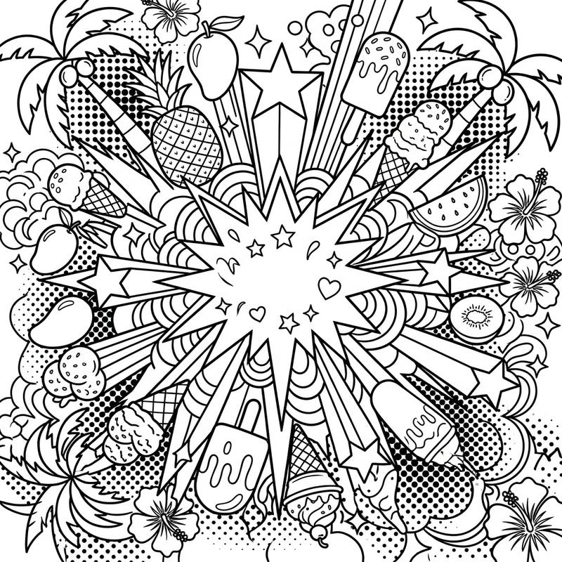 Get ready for an energetic burst of color with this dynamic Pop Art explosion coloring page, bursting with vibrant summer vacation elements. Featuring tropical treats and bold patterns, it's the perfect way to bring sunny vibes to life with your favorite hues.